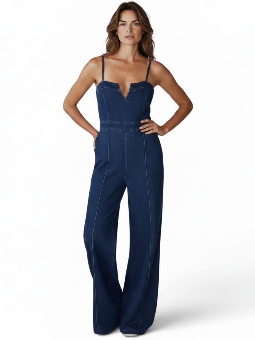 Jealous Tomato Sz M Navy Denim Wide-Leg Jumpsuit V-Notch Adjustable Straps | GUC